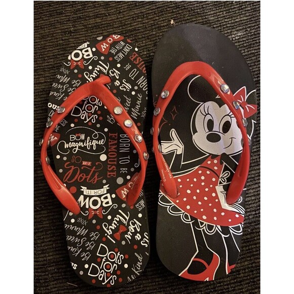 Disney Black Thongs Flip Flops Rubber Sandals Young Girls Minnie Mouse Size 4 - Picture 1 of 1